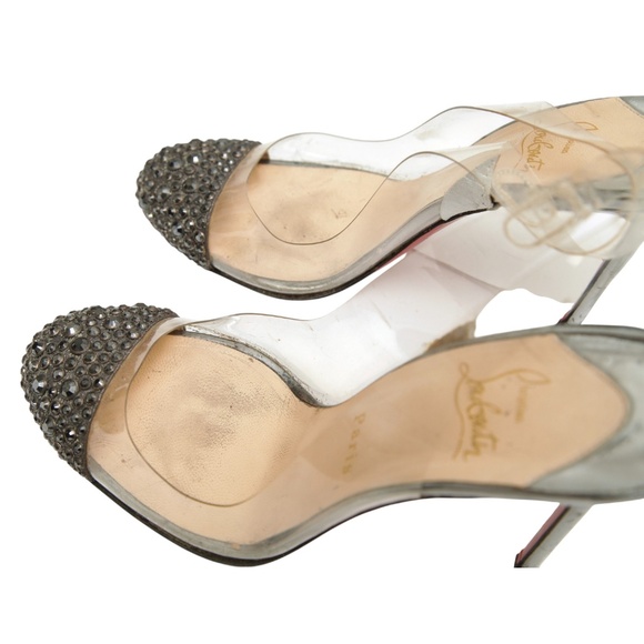 CHRISTIAN LOUBOUTIN Slingback Pumps PVC Crystals Pewter Leather Heels Cap Toe 38 - Picture 8 of 16